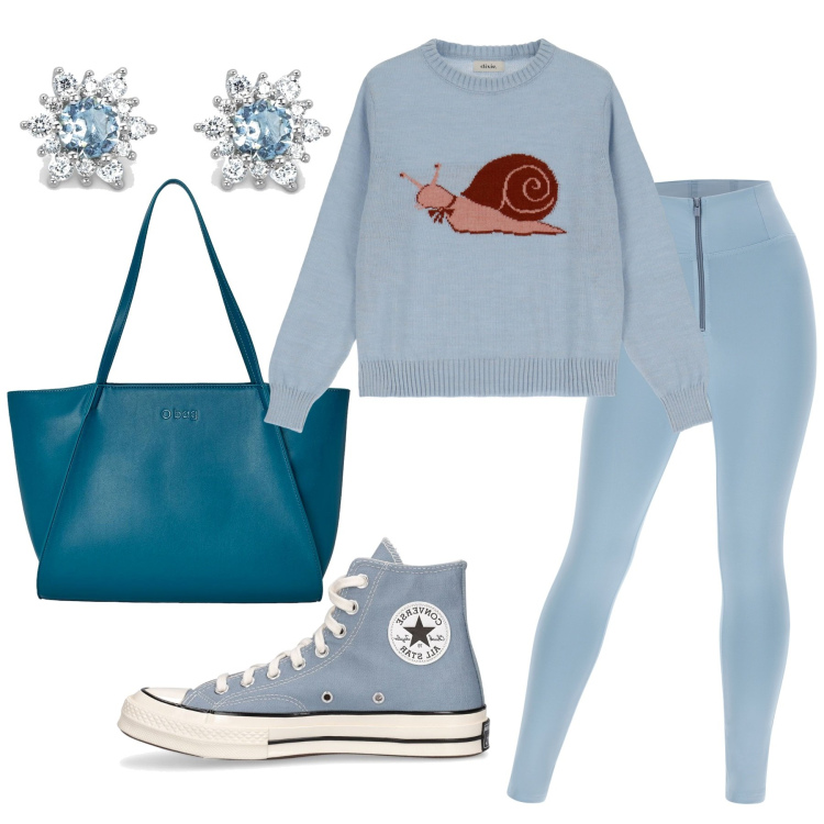 Outfit donna - Celeste. Stile Casual per Tutti i giorni. Abbinamento con orecchini, pantaloni skinny, pullovers, borse a spalla, sneakers.