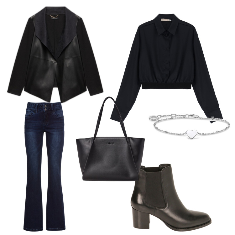 Outfit donna - Outfit 3. Stile Minimal per Tutti i giorni. Abbinamento con jeans bootcut, camicie, stivaletti chelsea, blazer, borse a spalla, braccialetti.
