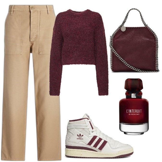 Outfit donna - Total look #1779159. Stile Trendy per Tutti i giorni. Abbinamento con profumi, pantaloni, sneakers alte, maglieria, borse tote.