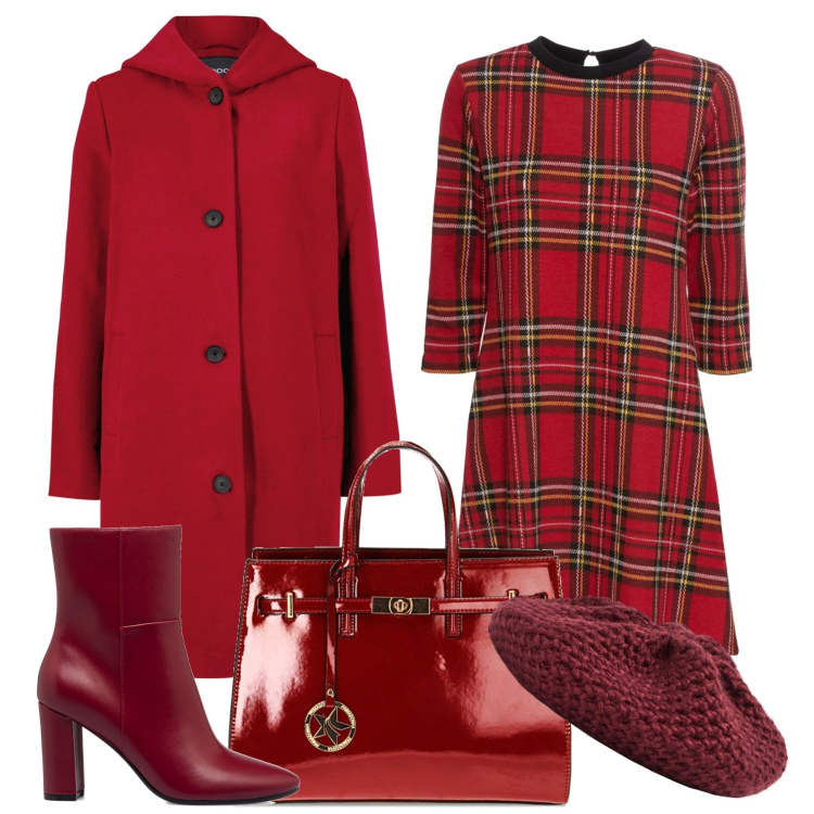 Outfit donna - Tartan. Stile Trendy per Tutti i giorni. Abbinamento con vestiti corti, cappotti, cappelli e berretti, borse a mano, stivaletti.