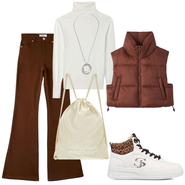 Outfit donna - Pittarosso. Stile Trendy per Scuola/Università. Abbinamento con collane, pantaloni, maglieria, piumini, zaini, sneakers alte.