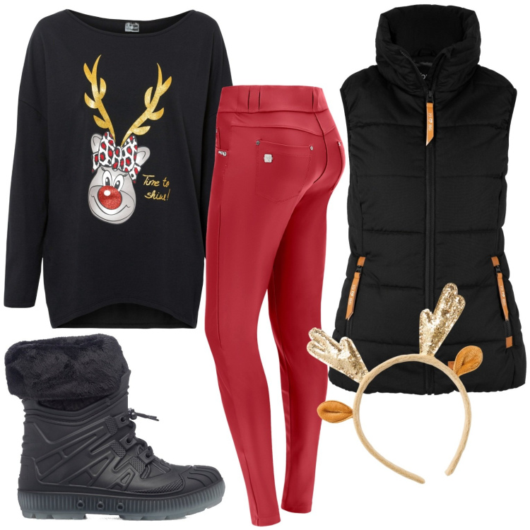 Outfit donna - Natale in montagna. Stile Sporty chic per Tutti i giorni. Abbinamento con piumini, maglieria, cerchietti, pantaloni, stivali da neve.