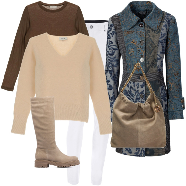 Outfit donna - Total look #1779180. Stile Casual chic per Tutti i giorni. Abbinamento con cappotti, borse a spalla, jeans, pullovers, maglieria, stivali sopra il ginocchio.