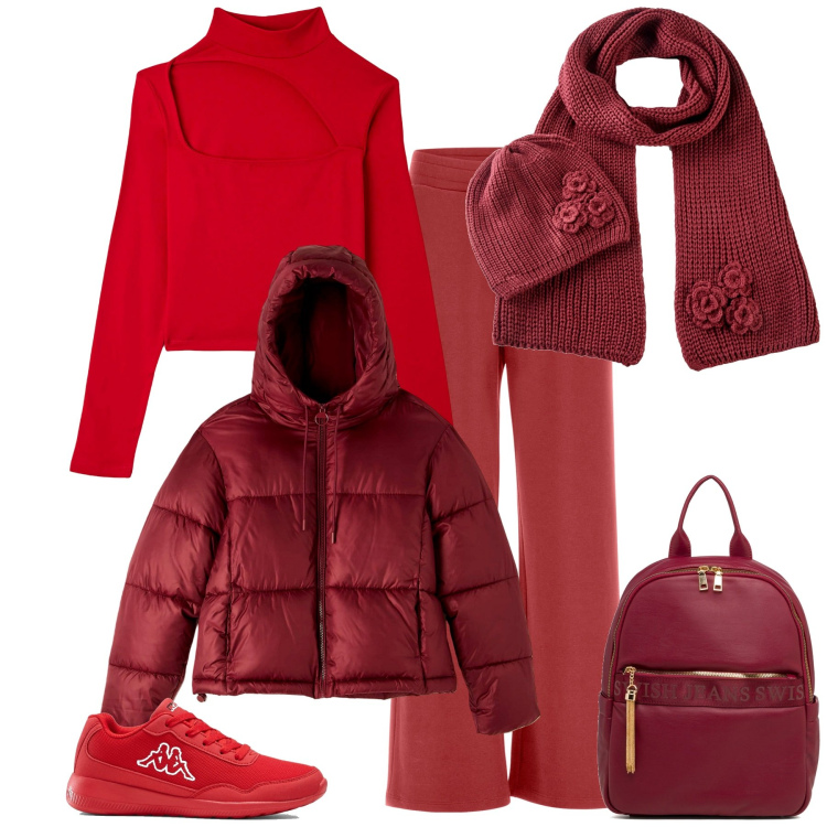 Outfit donna - Bordeaux e non. Stile Casual per Tutti i giorni. Abbinamento con sciarpe, sneakers, t-shirt, piumini, pantaloni, zaini.