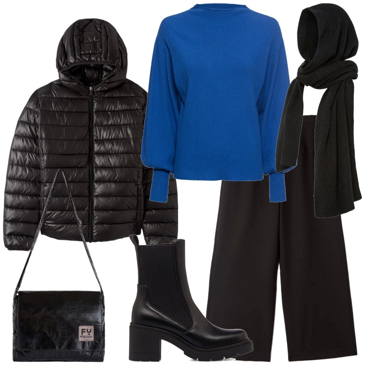 Outfit donna - Lineamenti morbidi. Stile Casual per Tutti i giorni. look ideale per Tall. Abbinamento con maglieria, sciarpe, pantaloni, blazer, borse a tracolla, stivaletti.