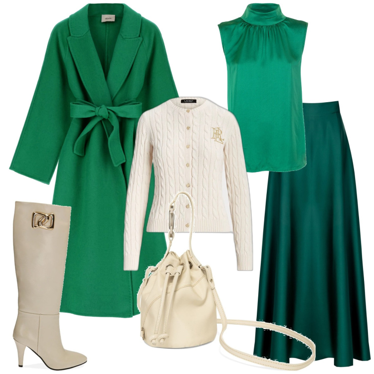 Outfit donna - La gonna verde. Stile Chic per Tutti i giorni. Abbinamento con gonne lunghe, top, stivali, cappotti, cardigans, borse a secchiello.
