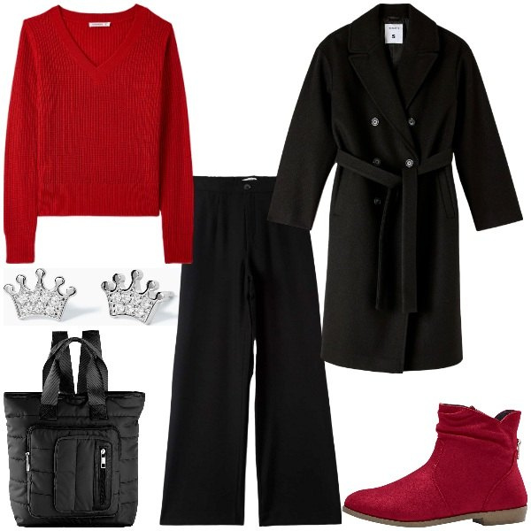 Outfit donna - Lo stile casual chic. Stile Casual chic per Tutti i giorni. Abbinamento con stivaletti, zaini, pantaloni, maglieria, cappotti, orecchini.