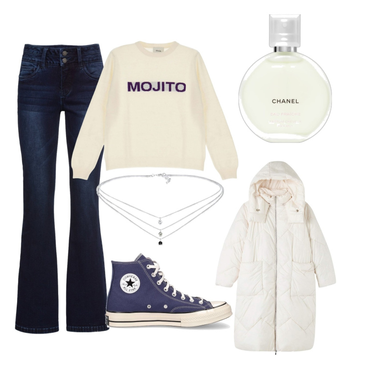 Outfit donna - a sort of an y2k outfit. Stile Trendy per Tutti i giorni. Abbinamento con jeans bootcut, profumi, blazer, pullovers, collane, sneakers.