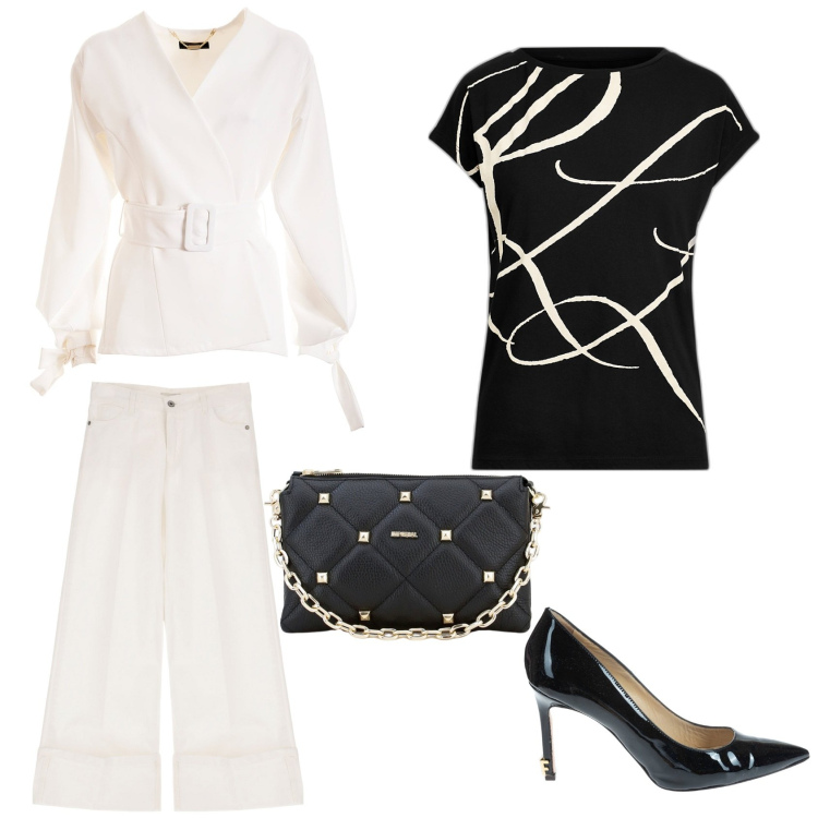 Outfit donna - Casual chic. Stile Casual chic per Serata fuori. Abbinamento con pochette, blazer, décolleté, pantaloni a palazzo, maglieria.