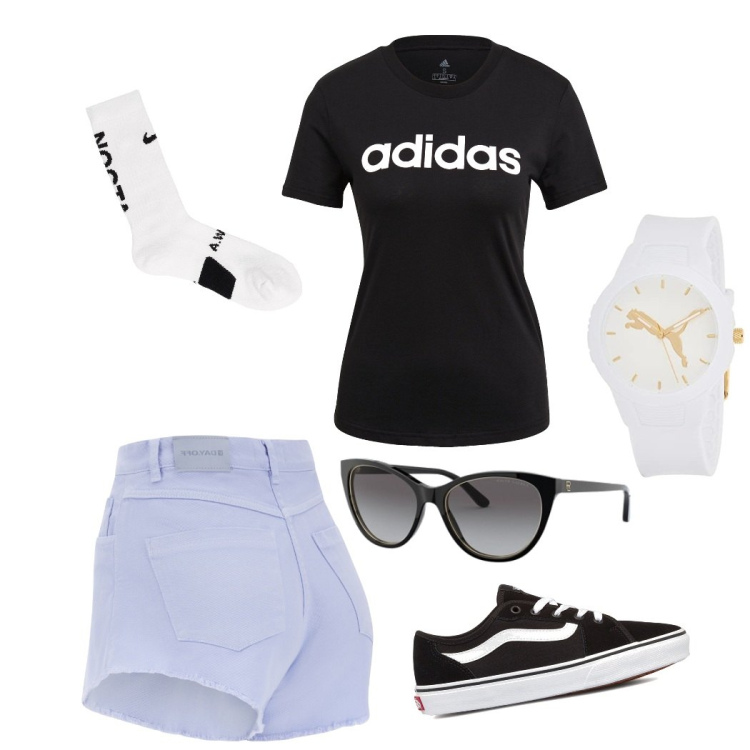 Outfit donna - Casual&Sexy. Stile Casual per Tutti i giorni. Abbinamento con shorts, occhiali da sole, sneakers alte, t-shirt, orologi, calzini.