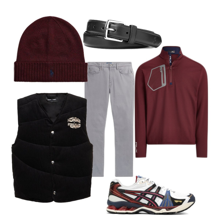 Outfit uomo - Un tipo sportivo. Stile Casual per Tutti i giorni. Abbinamento con cinture, berretti, pantaloni, pullovers, piumini, sneakers.