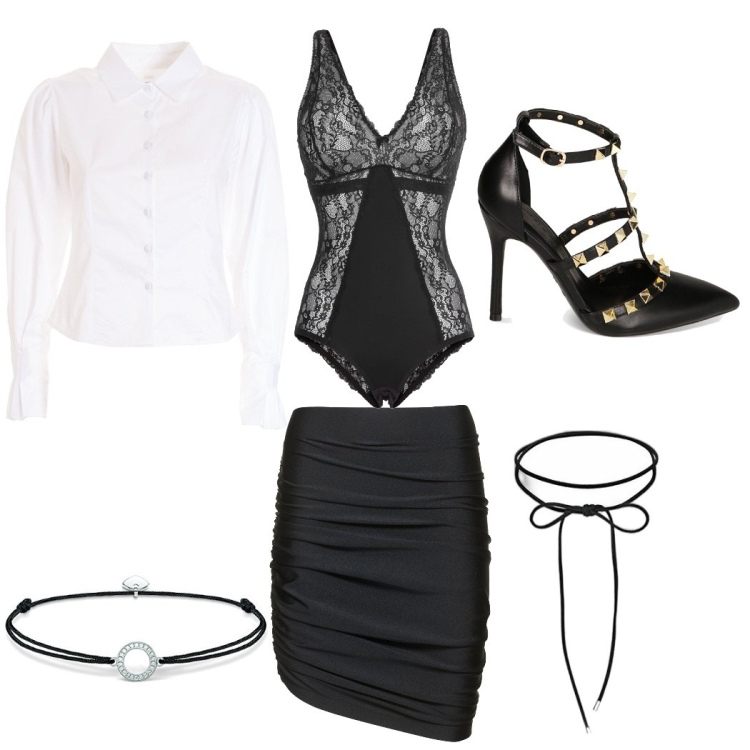 Outfit donna - LookAtMe. Stile Chic Abbinamento con body, camicie, décolleté, minigonne, collane, braccialetti.