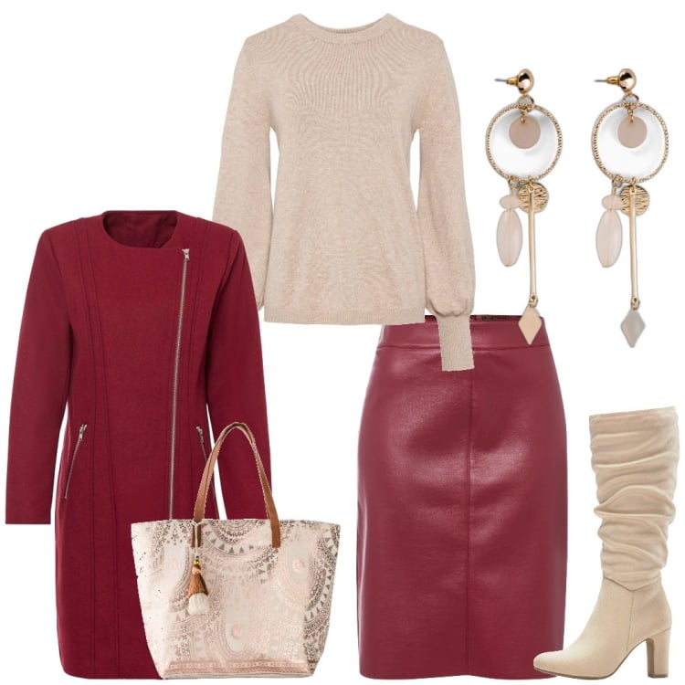 Outfit donna - Gonna in pelle. Stile Glamour per Tutti i giorni. Abbinamento con maglieria, orecchini, gonne longuette, cappotti, stivali sopra il ginocchio, shopping bag.