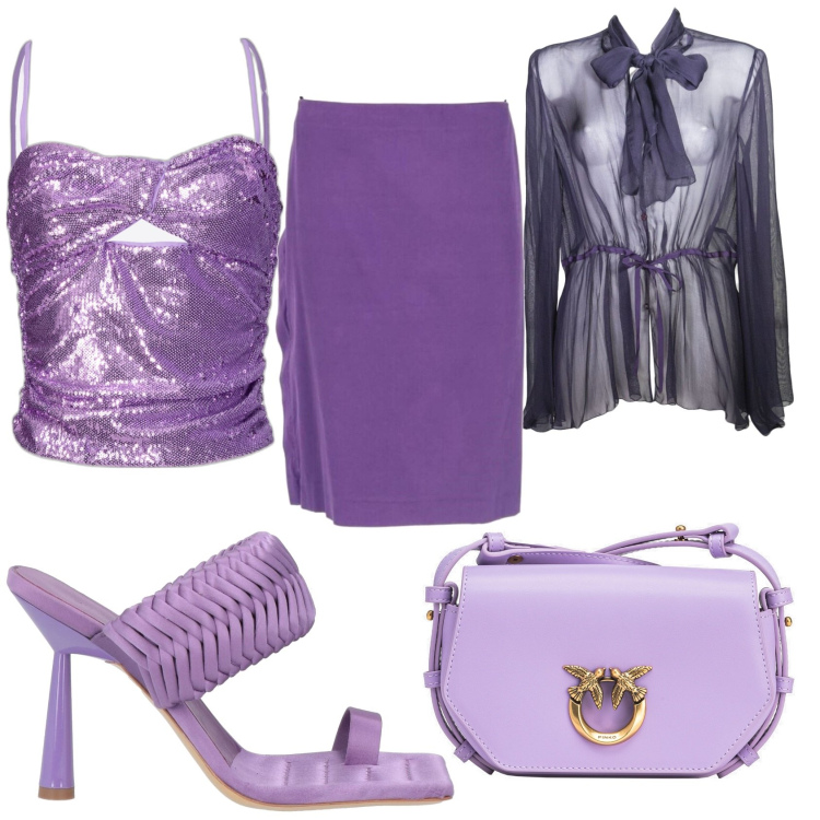 Outfit donna - Violet night. Stile Chic per Serata fuori. Abbinamento con infradito, gonne longuette, camicie, top, borse a tracolla.