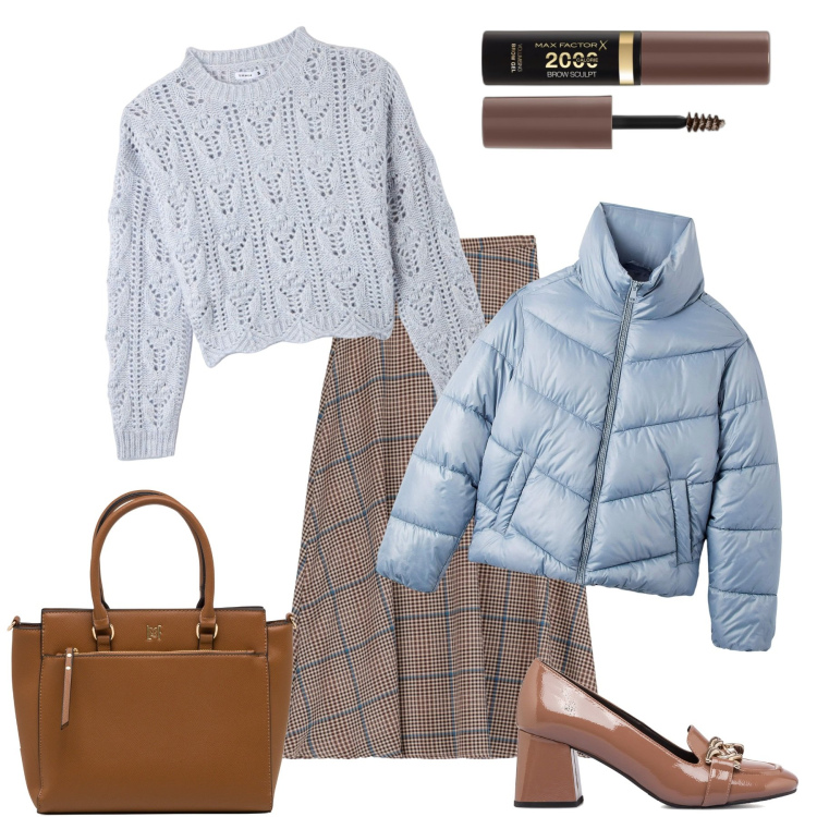 Outfit donna - Marrone e cielo. Stile Casual chic per Tutti i giorni. Abbinamento con mascara, maglieria, piumini, décolleté, borse a mano, gonne longuette.