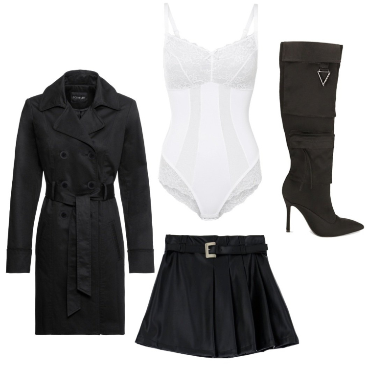 Outfit donna - BlackGirl. Stile Sexy per Serata fuori. Abbinamento con trench, body, minigonne, stivali sopra il ginocchio.