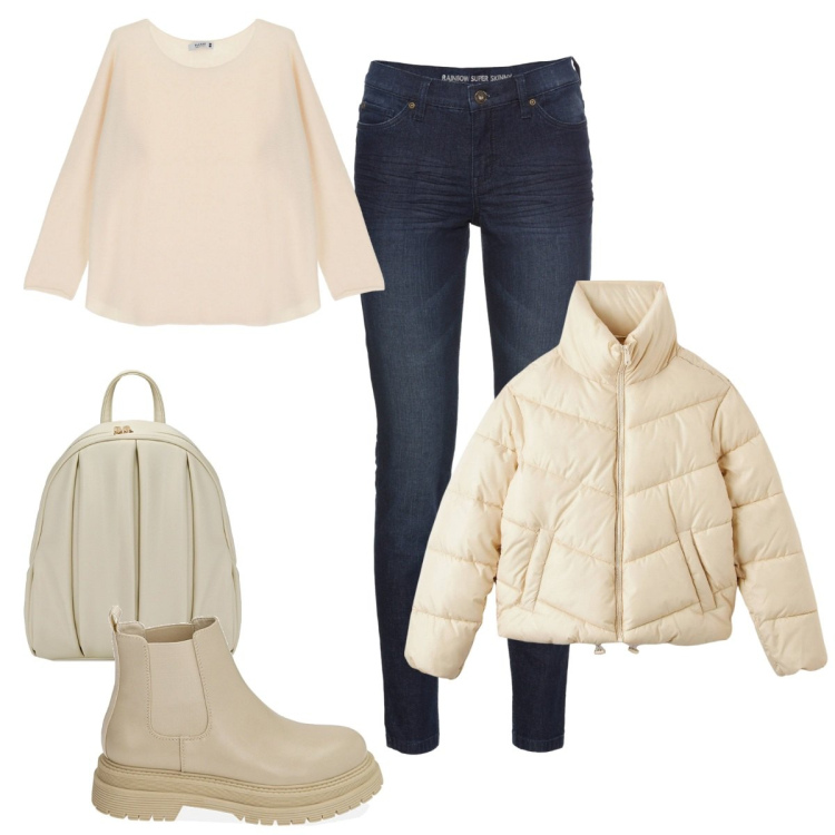 Outfit donna - Candida. Stile Casual per Tutti i giorni. Abbinamento con jeans skinny, piumini, maglieria, stivaletti chelsea, zaini.