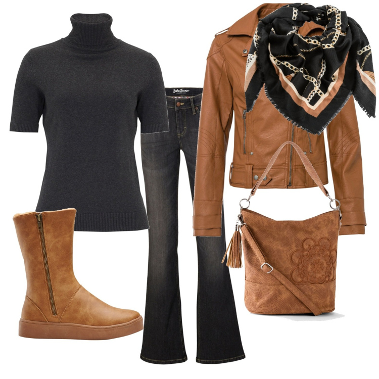 Outfit donna - Casual con stile per un caffè con amici. Stile Casual chic per Tutti i giorni. Abbinamento con borse a mano, jeans bootcut, stivali, cappotti, maglieria, foulard.