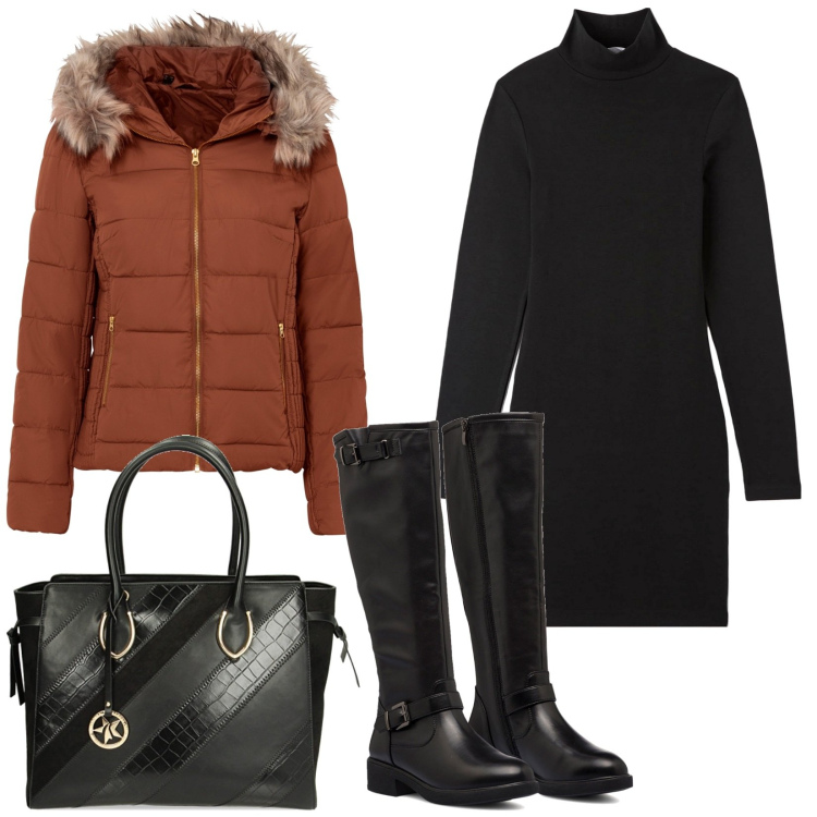 Outfit donna - Mi vesto bene con poco. Stile Glamour per Tutti i giorni. Abbinamento con giacche, vestiti midi/longuette, borse a spalla, stivali sopra il ginocchio.