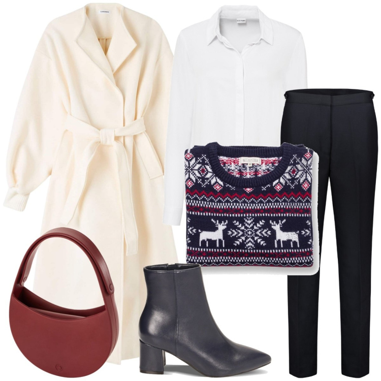 Outfit donna - Bianco Natale. Stile Casual chic per Tutti i giorni. Abbinamento con camicie, cappotti, stivaletti, maglieria, pantaloni, borse a spalla.