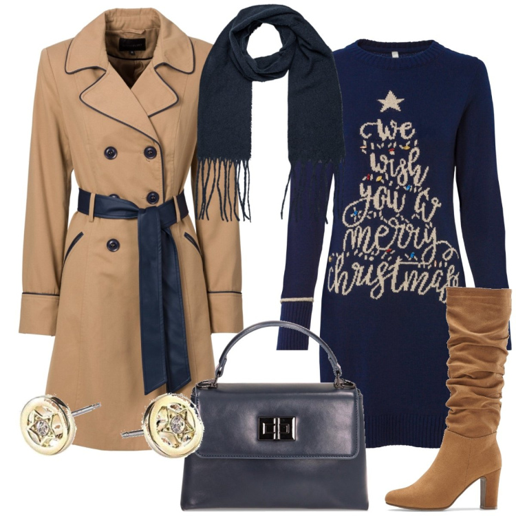 Outfit donna - Christmas in blue. Stile Casual chic per Tutti i giorni. Abbinamento con trench, vestiti, stivali, borse a mano, sciarpe.