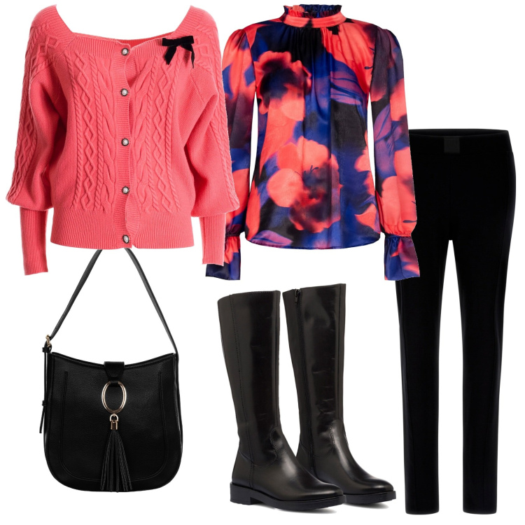 Outfit donna - Total look #1779259. Stile Casual chic per Tutti i giorni. Abbinamento con bluse, borse a spalla, cardigans, pantaloni, stivali sopra il ginocchio.