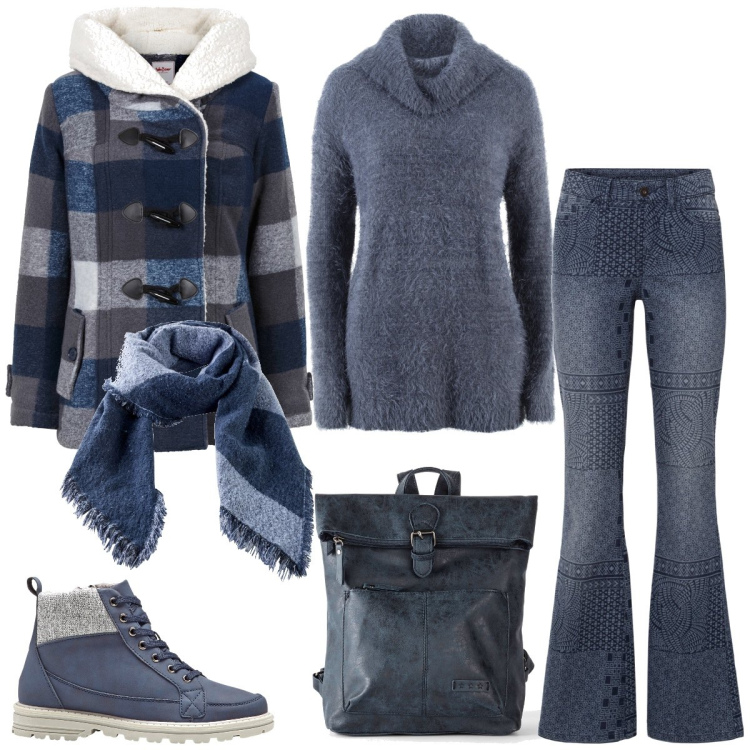 Outfit donna - Scuola. Stile Casual per Scuola/Università. Abbinamento con stivaletti, jeans a zampa, maglieria, blazer, zaini, sciarpe.