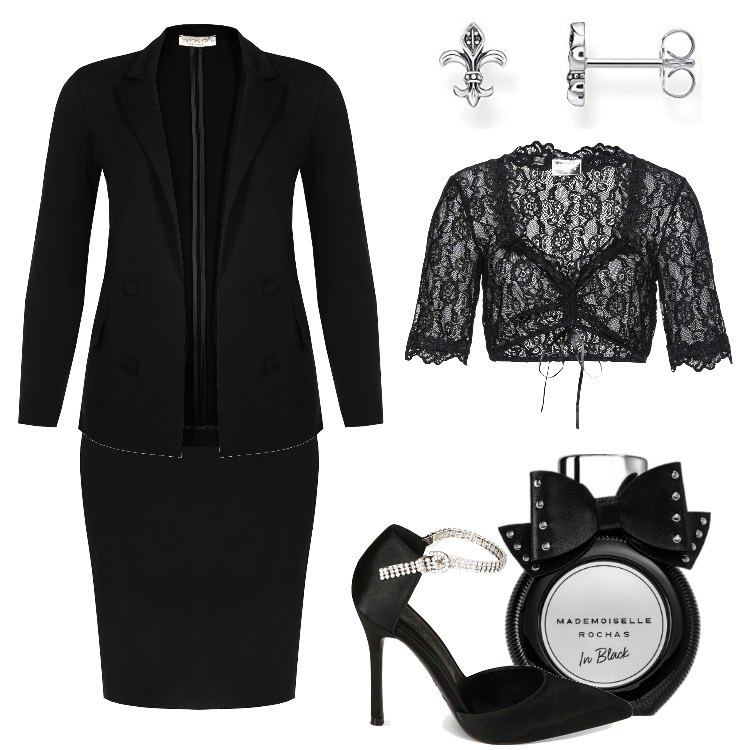 Outfit donna - Mademoiselle Rochas In Black x Xmas. Stile Glamour per Serata fuori. Abbinamento con camicie, profumi, gonne, cappotti, décolleté, orecchini.
