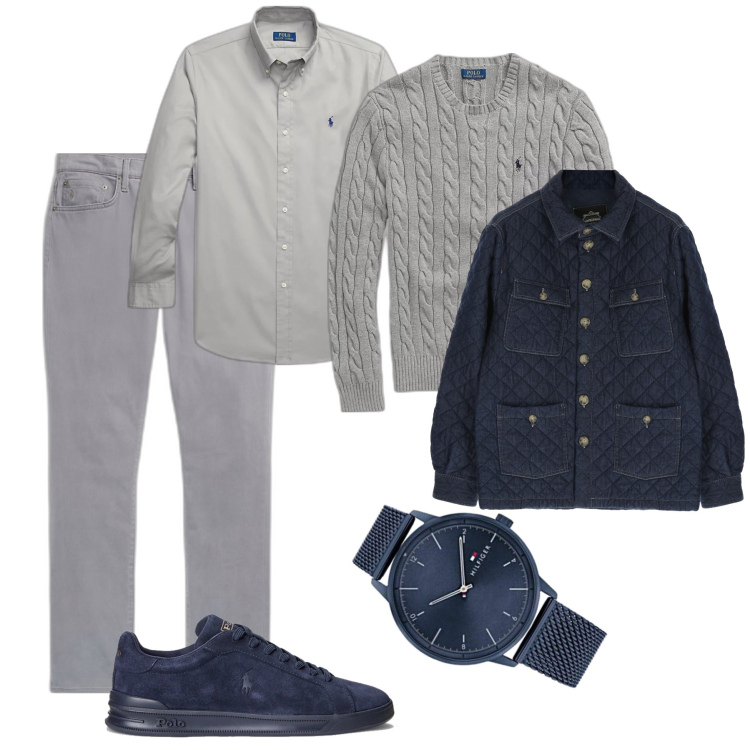 Outfit uomo - Natale grigio perla. Stile Trendy per Tutti i giorni. Abbinamento con cappotti, sneakers, maglieria, camicie, pantaloni, orologi analogici.
