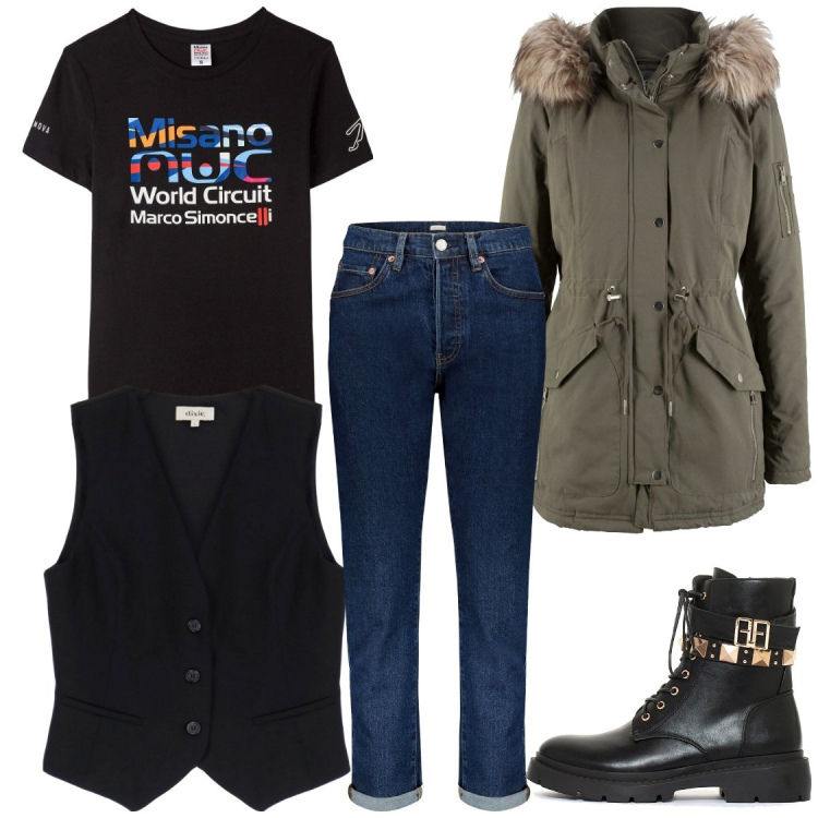 Outfit donna - Dicembre. Stile Sporty chic Abbinamento con parka, t-shirt, anfibi, gilet, jeans.