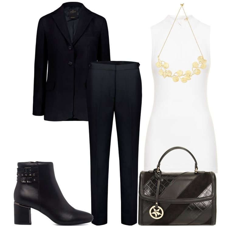 Outfit donna - Dicembre. Abbinamento con borse a mano, collane, stivaletti, pantaloni, blazer, top.