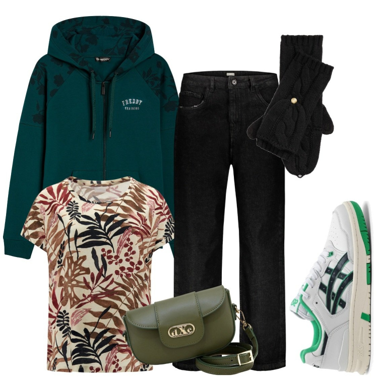 Outfit donna - Dicembre. Abbinamento con pochette, felpe con cappuccio, t-shirt, guanti, jeans, sneakers.