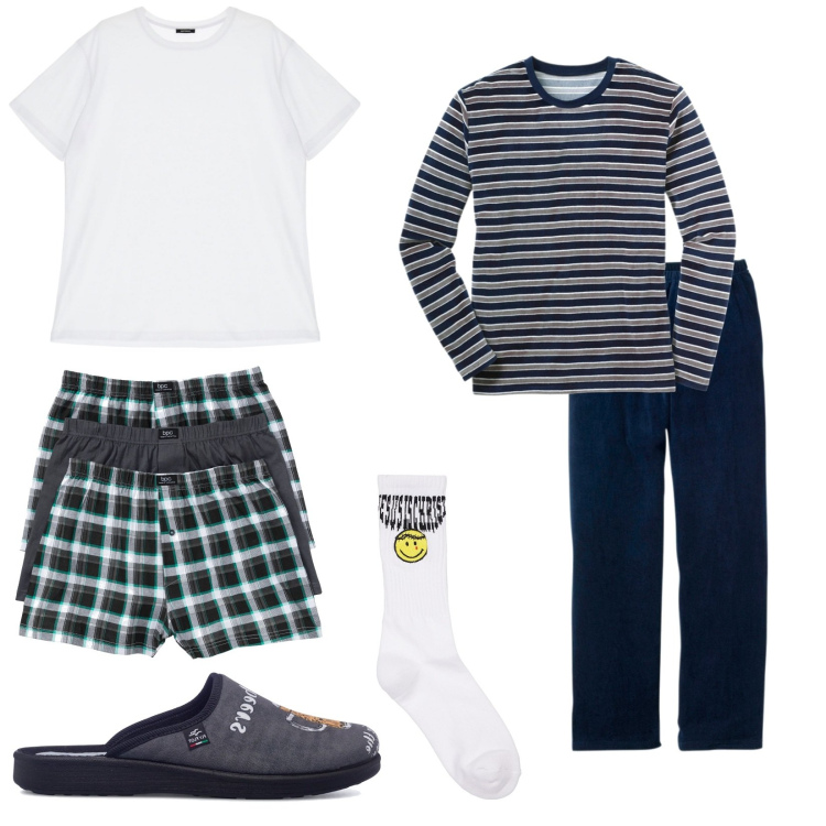 Outfit uomo - Good night. Stile Casual per Tutti i giorni. Abbinamento con boxer, abbigliamento da notte, t-shirt, pantofole, calzini.