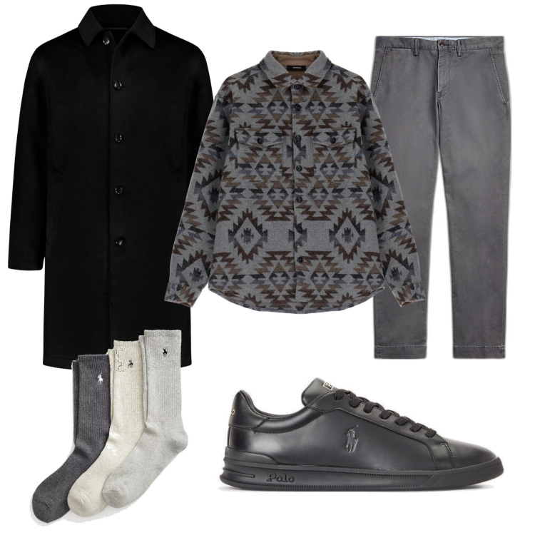 Outfit uomo - Cappotto misto lana. Stile Trendy per Tutti i giorni. Abbinamento con camicie, calzini, sneakers, pantaloni, cappotti.