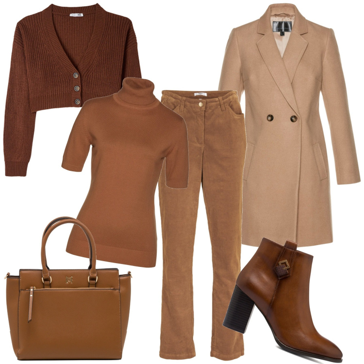 Outfit donna - Confortanti strati di marrone. Stile Casual per Tutti i giorni. Abbinamento con pantaloni, maglieria, cappotti, cardigans, stivaletti, borse a mano.