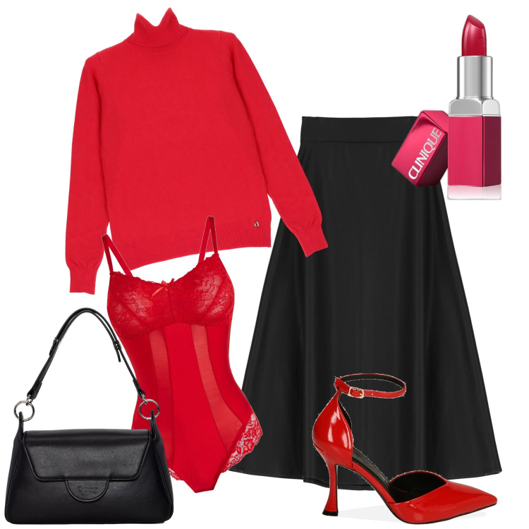 Outfit donna - Il rossetto rosso. Stile Sexy per Tutti i giorni. Abbinamento con body, rossetti, décolleté, maglieria, gonne longuette, borse a spalla.