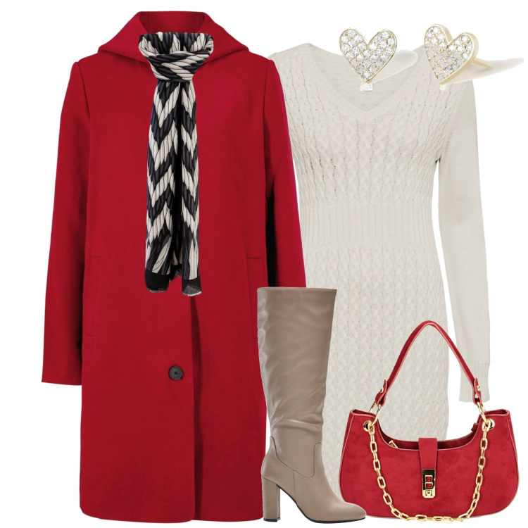 Outfit donna - Christmas vibes. Stile Chic per Tutti i giorni. Abbinamento con vestiti, cappotti, stivali sopra il ginocchio, orecchini, foulard, borse a spalla.