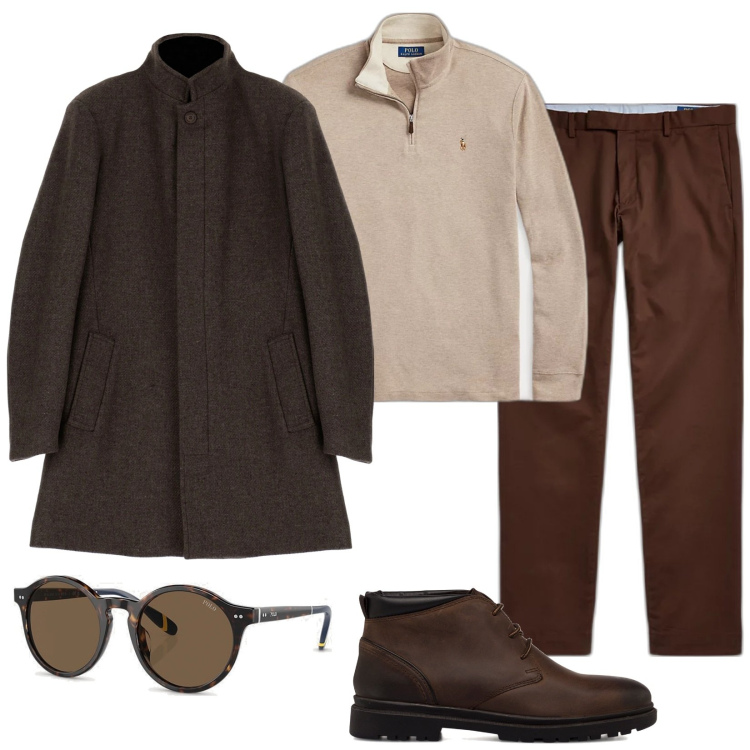 Outfit uomo - Eleganza in toni caldi. Stile Business/Elegante per Tutti i giorni. Abbinamento con cappotti, pantaloni chino, pullovers, occhiali da sole, stivali e stivaletti.