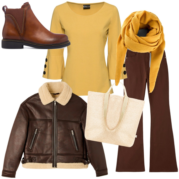 Outfit donna - Total look #1779468. Stile Casual per Tutti i giorni. Abbinamento con foulard, maglieria, pantaloni, ecopellicce, borse tote, stivaletti.