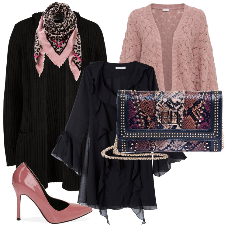 Outfit donna - Total look #1779475. Stile Casual chic per Tutti i giorni. Abbinamento con cardigans, cardigans, foulard, vestiti corti, pochette, décolleté.