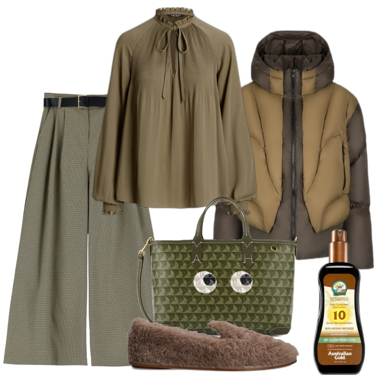 Outfit donna - In centro a vedere le luci. Stile Chic per Tutti i giorni. Abbinamento con terre, pantaloni a palazzo, camicie, piumini, mocassini, shopping bag.