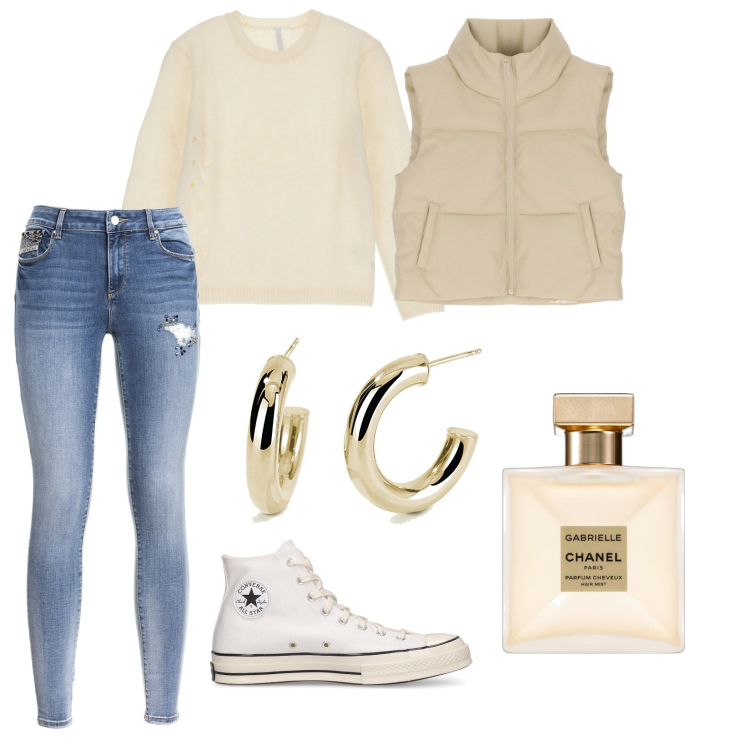 Outfit donna - Everyday outfit. Stile Casual chic per Tutti i giorni. Abbinamento con profumi, orecchini, piumini, jeans, pullovers, sneakers.