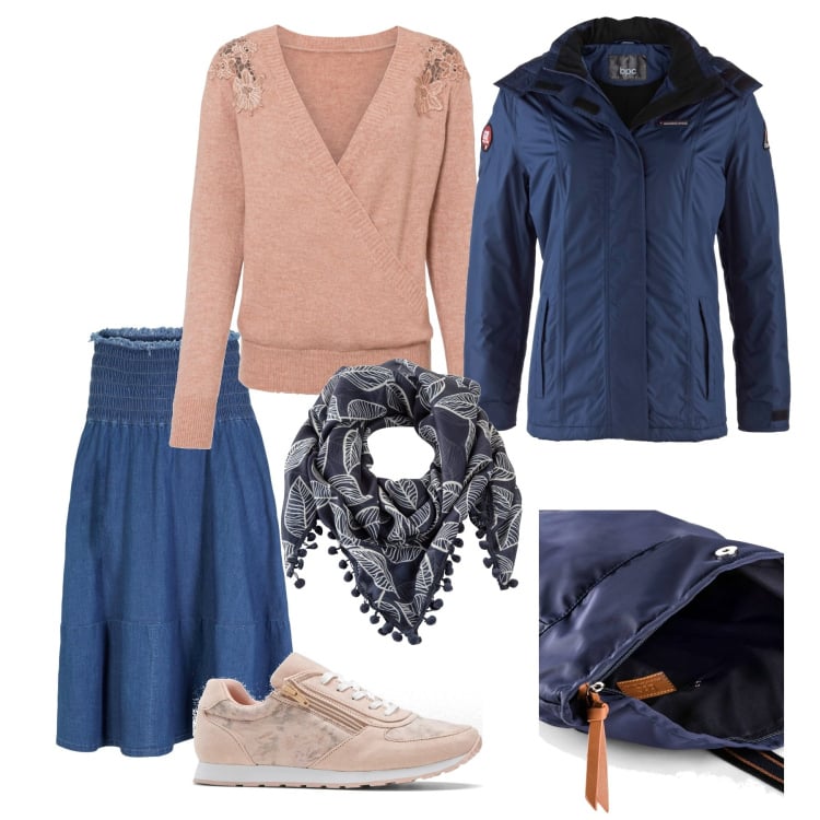 Outfit donna - La gonna con le sneakers. Stile Casual per Tutti i giorni. Abbinamento con maglieria, gonne, sneakers, cappotti, zaini, foulard.