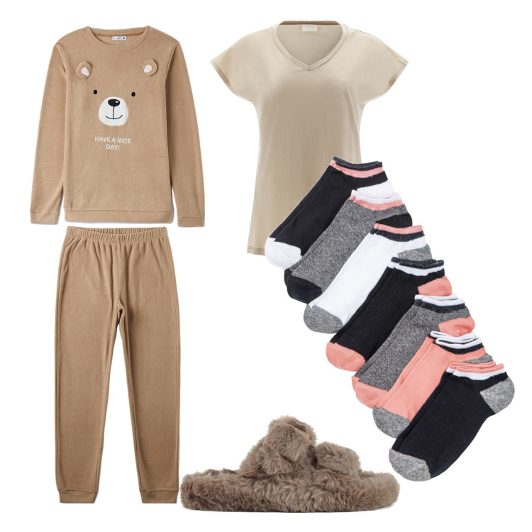 Outfit donna - Modalità orsetto: on. Stile Basic per Tutti i giorni. Abbinamento con calzini, pigiama, t-shirt, ciabatte.