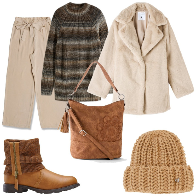 Outfit donna - Morbido e caldo. Stile Casual per Tutti i giorni. Abbinamento con borse a mano, stivaletti, maglieria, ecopellicce, pantaloni, berretti.