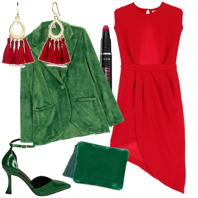 Outfit donna - Mood natalizio. Stile Chic per Serata fuori. Abbinamento con rossetti, décolleté, vestiti corti, giacche, orecchini, pochette.
