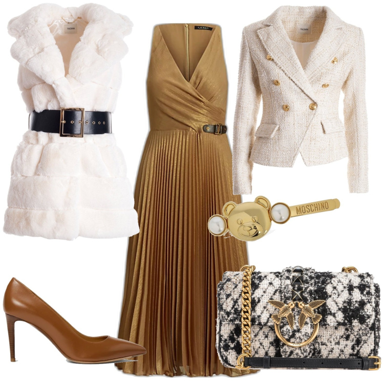 Outfit donna - Total look #1779508. Stile Chic per Serata fuori. Abbinamento con borse a tracolla, blazer, gilet, décolleté, vestiti, accessori per capelli.