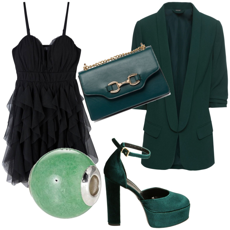 Outfit donna - Natale verde e nero. Stile Glamour per Serata fuori. Abbinamento con blazer, vestiti corti, décolleté, borse a tracolla, orologi.