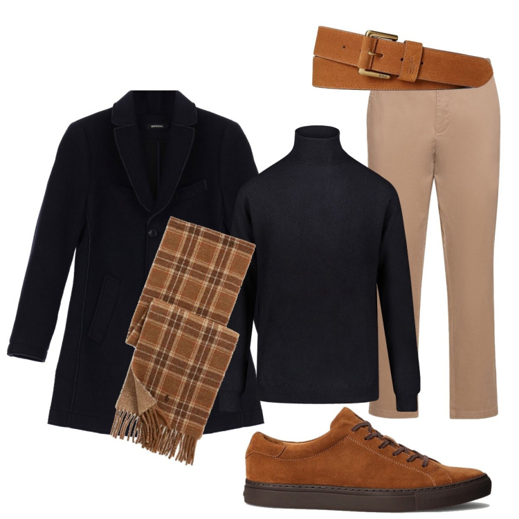 Outfit uomo - Per l’ufficio. Stile Business/Elegante per Ufficio. Abbinamento con cappotti, cinture, sneakers, sciarpe, maglieria, pantaloni chino.