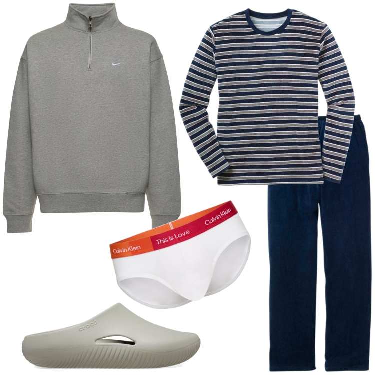 Outfit uomo - Stasera a casa. Stile Casual per Tutti i giorni. Abbinamento con abbigliamento da notte, slip, felpe, sandali.